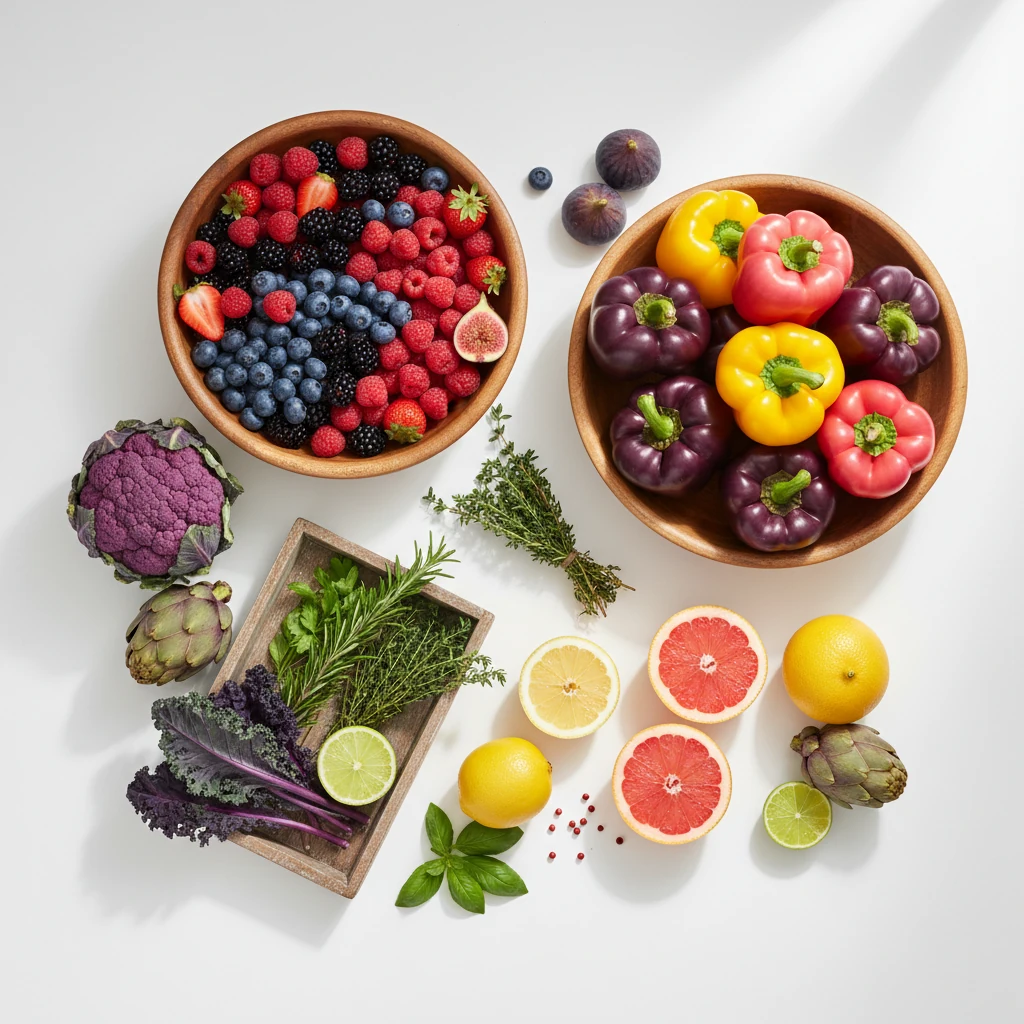 Colourful overhead arrangement of whole fruits, vegetables, and botanical plants - green coffee bean extract benefits
